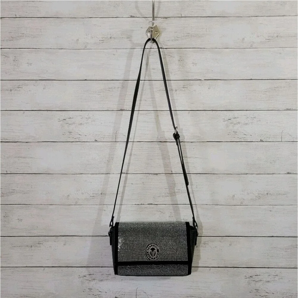 Valentino Orlandi Silver Studded Black Crossbody Bag Foldover Handbag Italy Luxe